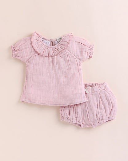 Cot & Candy Blush Pink Top & Bloomer Set-Organic Muslin-Solid-For Infants