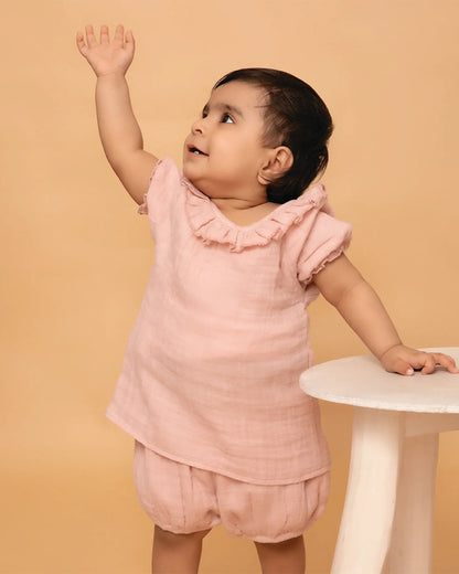 Cot & Candy Blush Pink Top & Bloomer Set-Organic Muslin-Solid-For Infants