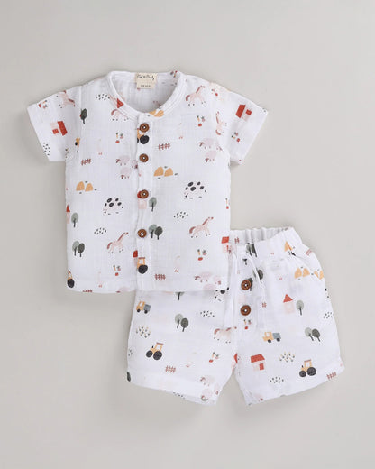 Cot & Candy Off White Top & Shorts Set-Organic Muslin-Farm Animals-For Infants