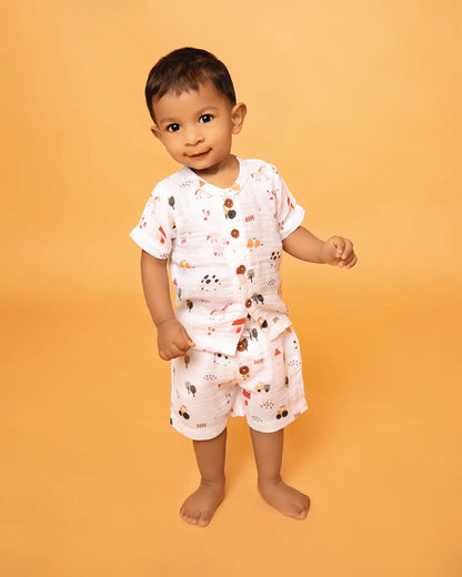 Cot & Candy Off White Top & Shorts Set-Organic Muslin-Farm Animals-For Infants