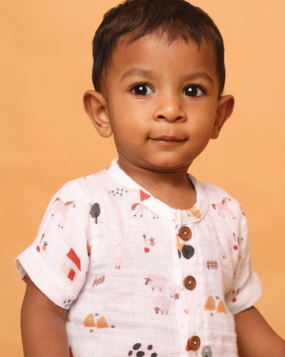 Cot & Candy Off White Top & Shorts Set-Organic Muslin-Farm Animals-For Infants