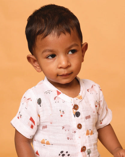 Cot & Candy Off White Top & Shorts Set-Organic Muslin-Farm Animals-For Infants