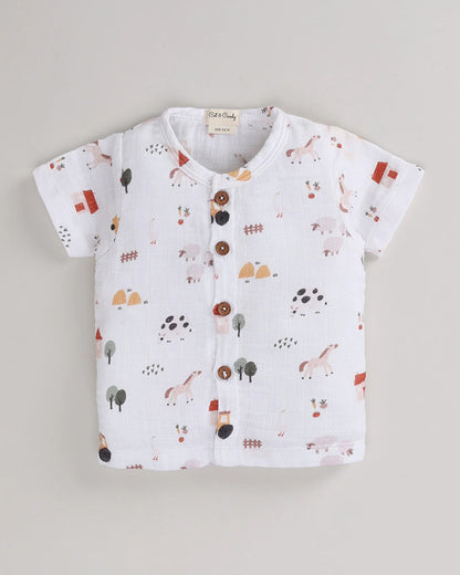 Cot & Candy Off White Top & Shorts Set-Organic Muslin-Farm Animals-For Infants