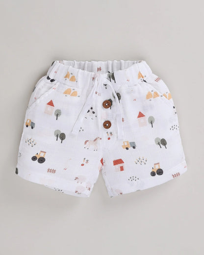Cot & Candy Off White Top & Shorts Set-Organic Muslin-Farm Animals-For Infants