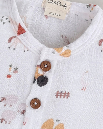 Cot & Candy Off White Top & Shorts Set-Organic Muslin-Farm Animals-For Infants