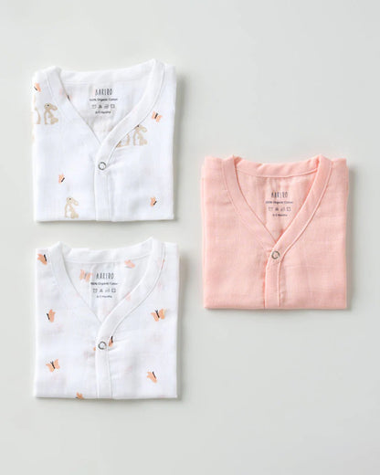 Aariro White & Peach Jhablas-100% GOTS Certified Organic Cotton-Honey Bunny-Pack of 3-For Infants