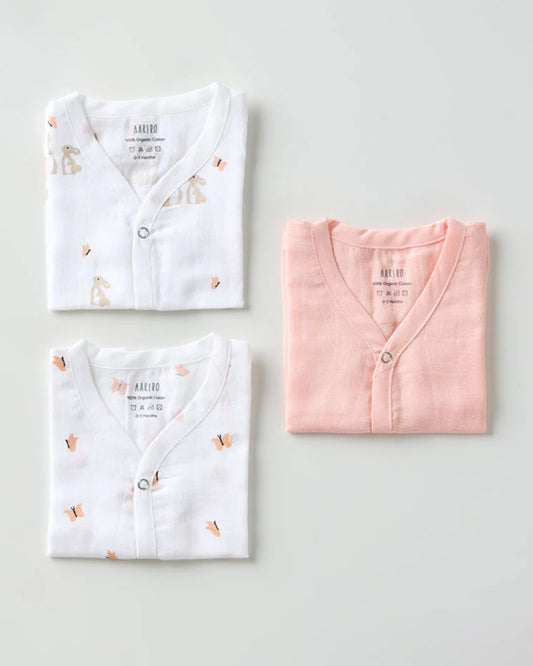 Aariro White & Peach Jhablas-100% GOTS Certified Organic Cotton-Honey Bunny-Pack of 3-For Infants