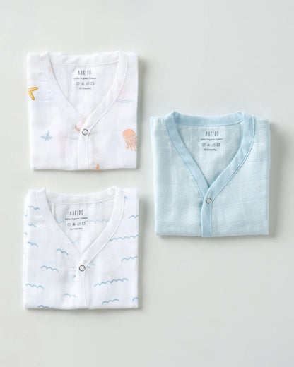 Aariro White & Light Blue Jhablas-100% GOTS Certified Organic Cotton-Under the Sea-Pack of 3-For Infants