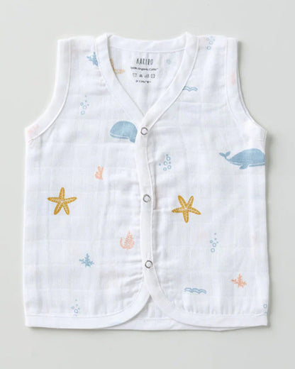 Aariro White & Light Blue Jhablas-100% GOTS Certified Organic Cotton-Under the Sea-Pack of 3-For Infants