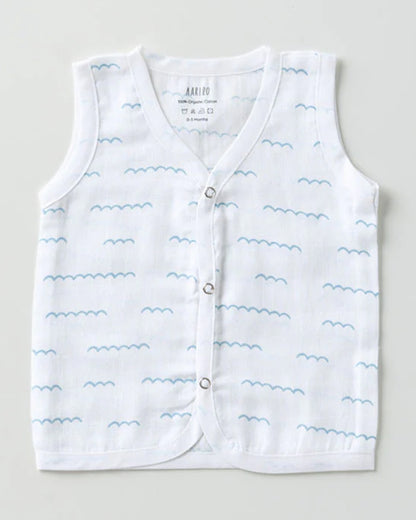 Aariro White & Light Blue Jhablas-100% GOTS Certified Organic Cotton-Under the Sea-Pack of 3-For Infants
