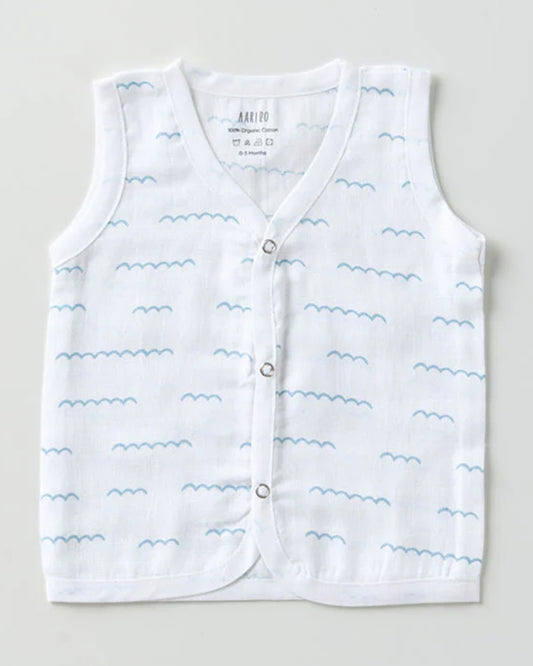 Aariro White & Light Blue Jhablas-100% GOTS Certified Organic Cotton-Under the Sea-Pack of 3-For Infants