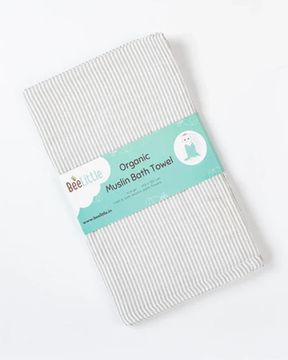 BeeLittle Baby Bath Towel-100% Organic Cotton Muslin-Stripes in Grey