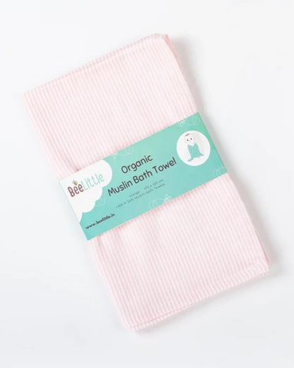 BeeLittle Baby Bath Towel-100% Organic Cotton Muslin-Stripes in Pink