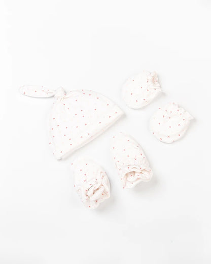 Beelittle White Caps, Booties & Mittens Set-Cotton-Little Hearts-For Infants