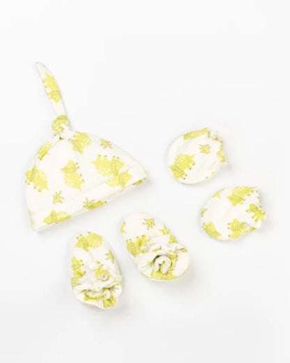 Beelittle White Caps, Booties & Mittens Set-Cotton-Green Toro-For Infants