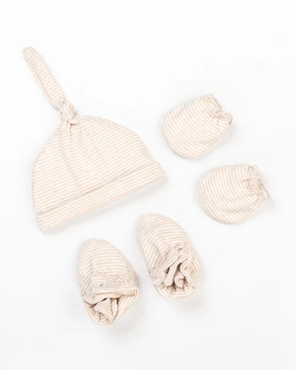 Beelittle Peach Caps, Booties & Mittens Set-Cotton-Grey Line-For Infants