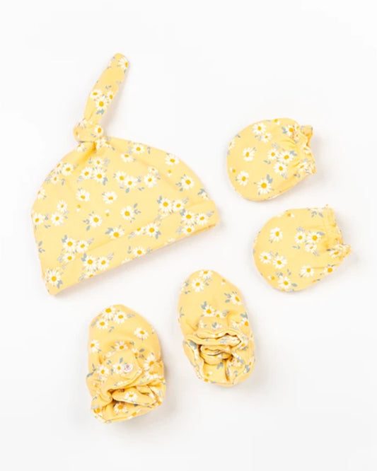 Beelittle Yellow Caps, Booties & Mittens Set-Cotton-Gypsy Flowers-For Infants