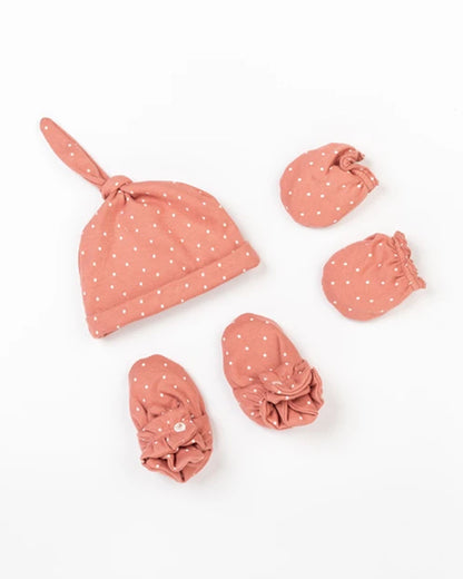 Beelittle Peach Pink Caps, Booties & Mittens Set-Cotton-Polka Dots-For Infants