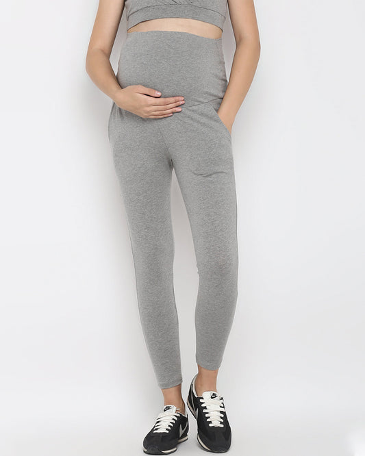 Wobbly Walk Melange Grey Maternity Leggings-Solid Color-Cotton Lycra-Skinny Fit-Bump Friendly