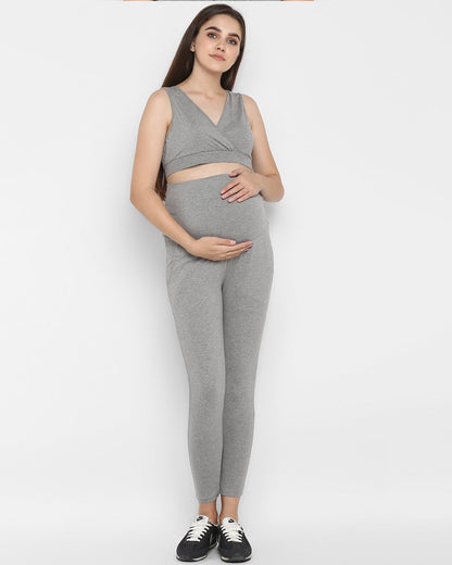 Wobbly Walk Melange Grey Maternity Leggings-Solid Color-Cotton Lycra-Skinny Fit-Bump Friendly