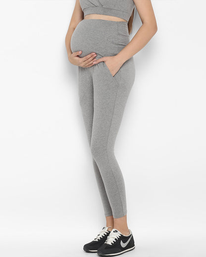 Wobbly Walk Melange Grey Maternity Leggings-Solid Color-Cotton Lycra-Skinny Fit-Bump Friendly