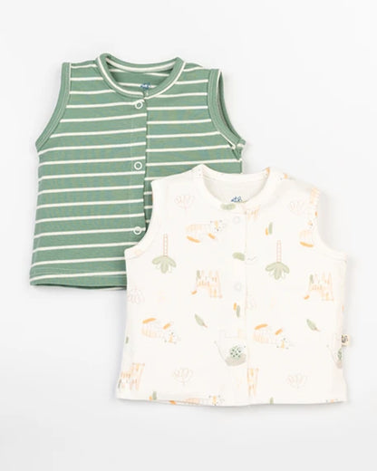 Beelittle Sage Green & Cream Jhablas-Cotton-Ele & Cat-Pack of 2-For Infants