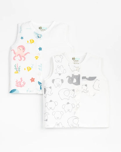 Beelittle White & Multicolor Jhablas-Organic Cotton-Grey Elephant-Pack of 2-For Infants