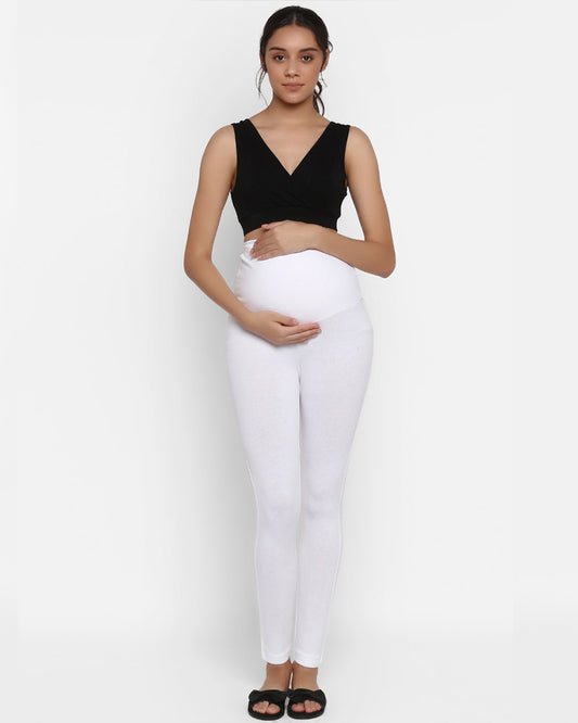 Wobbly Walk White Maternity Leggings-Solid Color-Cotton Lycra-Skinny Fit-Bump Friendly