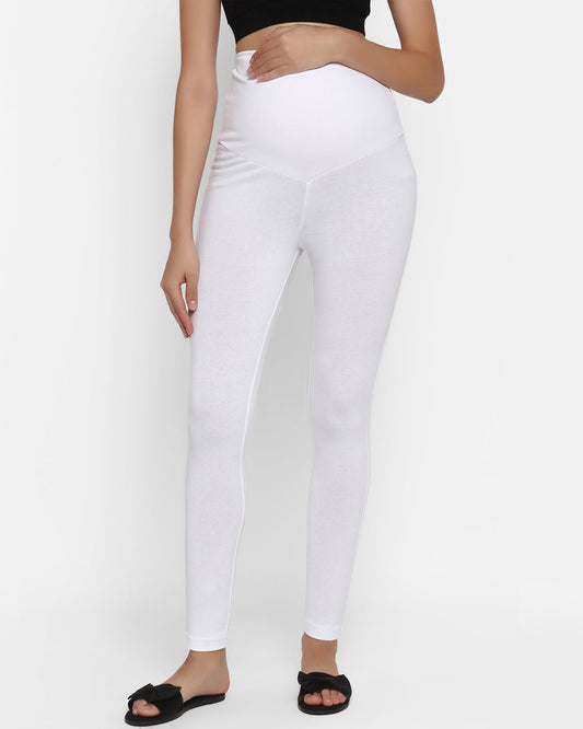 Wobbly Walk White Maternity Leggings-Solid Color-Cotton Lycra-Skinny Fit-Bump Friendly