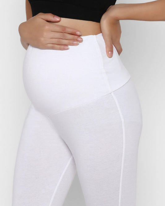 Wobbly Walk White Maternity Leggings-Solid Color-Cotton Lycra-Skinny Fit-Bump Friendly