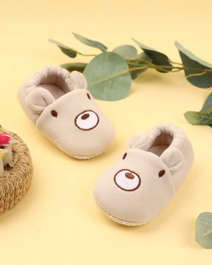 Kicks & Crawl Cream Elastic Booties-Cotton Blend-Bear-For Infants