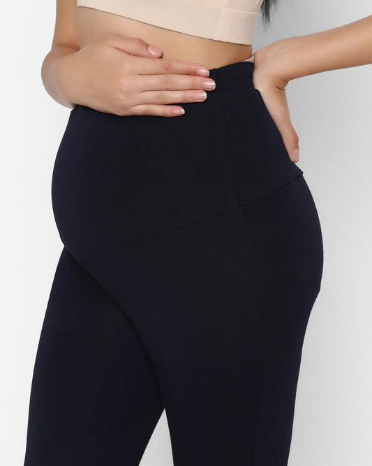 Wobbly Walk Navy Blue Maternity Leggings-Solid Color-Cotton Lycra-Skinny Fit-Bump Friendly