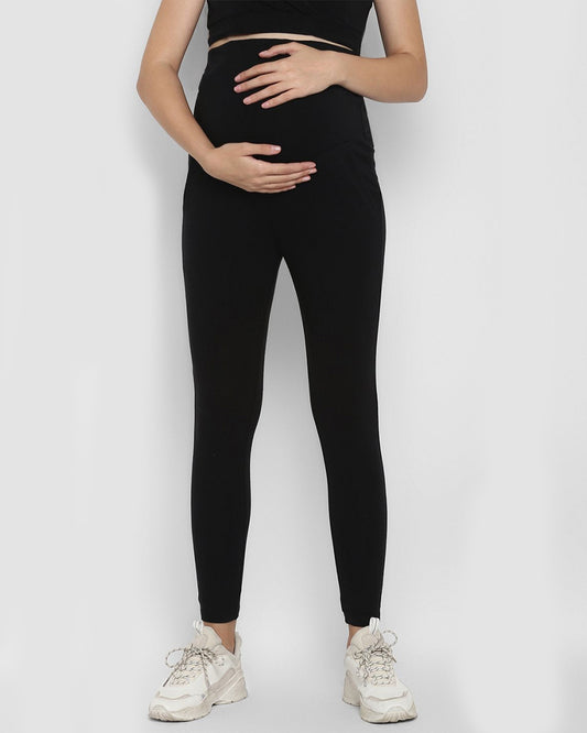 Wobbly Walk Navy Blue Maternity Leggings-Solid Color-Cotton Lycra-Skinny Fit-Bump Friendly