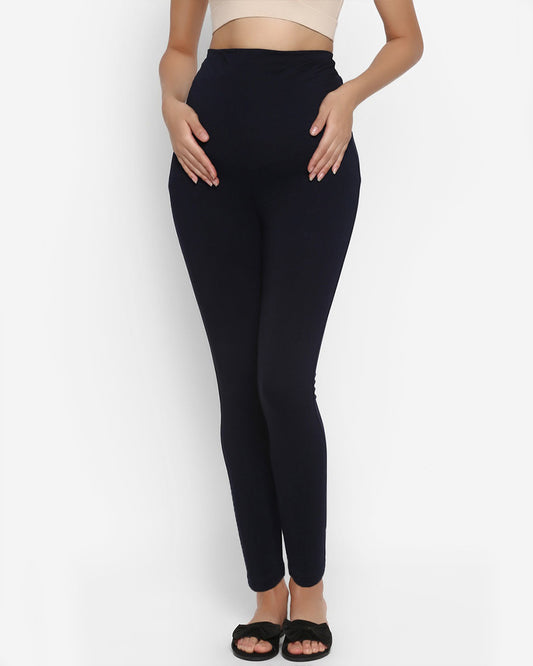 Wobbly Walk Navy Blue Maternity Leggings-Solid Color-Cotton Lycra-Skinny Fit-Bump Friendly