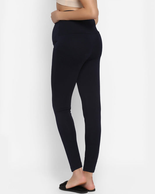 Wobbly Walk Navy Blue Maternity Leggings-Solid Color-Cotton Lycra-Skinny Fit-Bump Friendly