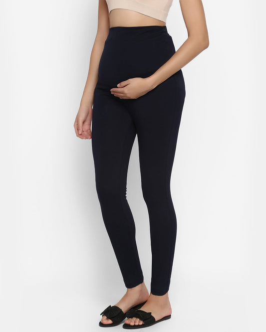 Wobbly Walk Navy Blue Maternity Leggings-Solid Color-Cotton Lycra-Skinny Fit-Bump Friendly