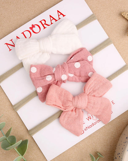 Kicks & Crawl Pink & White Headbands-Cotton & Lycra-Polka Tots-Pack of 3-For Infants