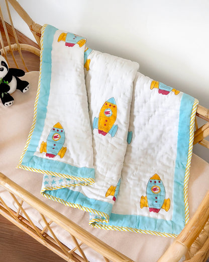 Kicks & Crawl Sky Rocket Quilted Thick Blanket-Cotton-White & Cyan Blue-For Infants