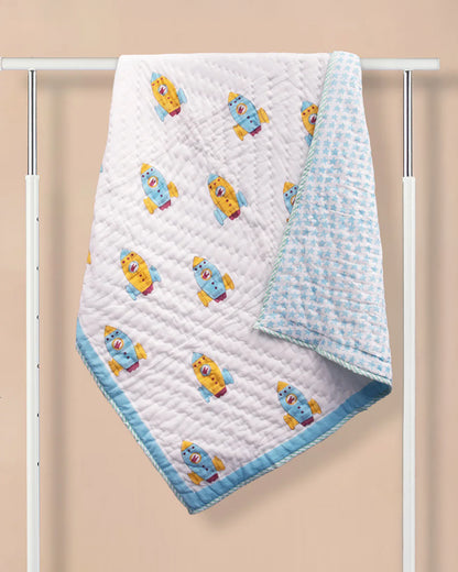 Kicks & Crawl Sky Rocket Quilted Thick Blanket-Cotton-White & Cyan Blue-For Infants
