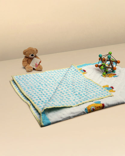 Kicks & Crawl Sky Rocket Quilted Thick Blanket-Cotton-White & Cyan Blue-For Infants