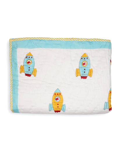 Kicks & Crawl Sky Rocket Quilted Thick Blanket-Cotton-White & Cyan Blue-For Infants