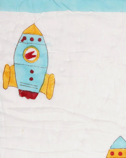 Kicks & Crawl Sky Rocket Quilted Thick Blanket-Cotton-White & Cyan Blue-For Infants