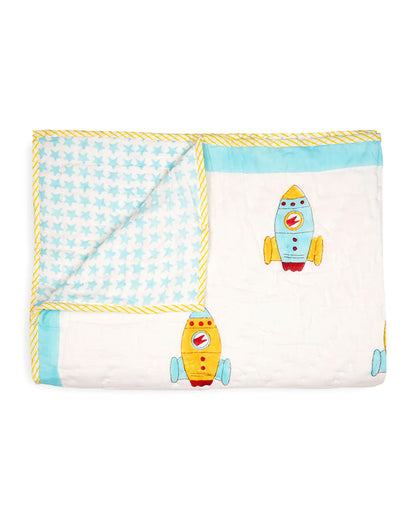 Kicks & Crawl Sky Rocket Quilted Thick Blanket-Cotton-White & Cyan Blue-For Infants