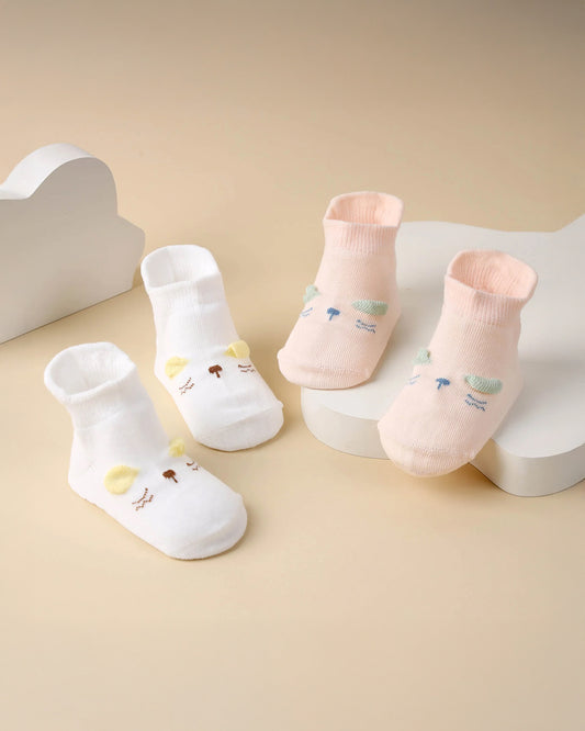 Kicks & Crawl White & Peach Socks-Cotton & Polyester-Whisker Wonder-Pack of 2-For Infants