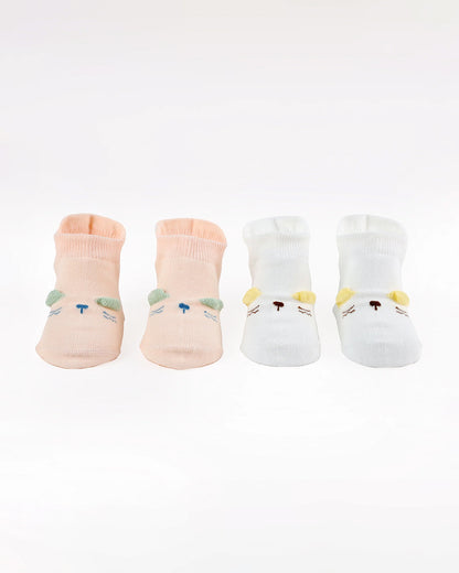 Kicks & Crawl White & Peach Socks-Cotton & Polyester-Whisker Wonder-Pack of 2-For Infants