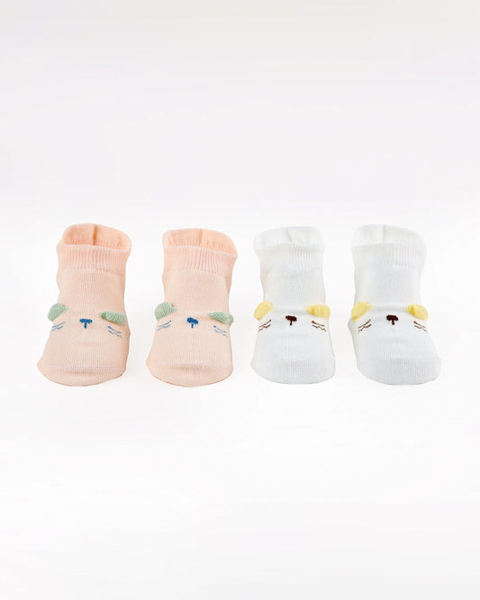 Kicks & Crawl White & Peach Socks-Cotton & Polyester-Whisker Wonder-Pack of 2-For Infants