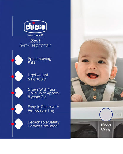 Chicco Polly Zest Baby High Chair-With Feeding Chair, Youth Stool & Baby Chair Mode- 5 Point Harness-Removable Tray-For 6M to 8Y (Upto 40 kg)-Moon Grey
