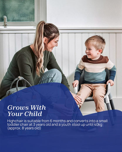 Chicco Polly Zest Baby High Chair-With Feeding Chair, Youth Stool & Baby Chair Mode- 5 Point Harness-Removable Tray-For 6M to 8Y (Upto 40 kg)-Moon Grey