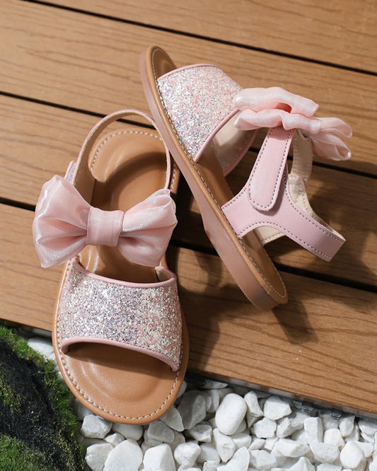 NINO BELLO Pink Glitter Bow Velcro Sandals For Infants