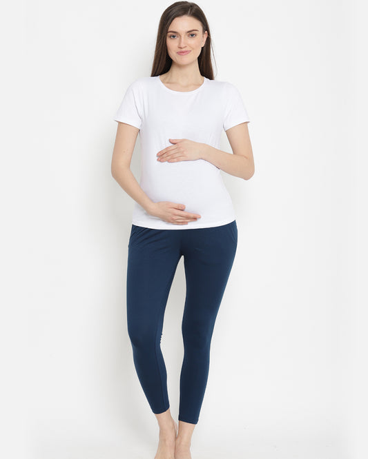 Wobbly Walk Indigo Blue Maternity Leggings-Solid Color-Cotton Lycra-Skinny Fit-Bump Friendly